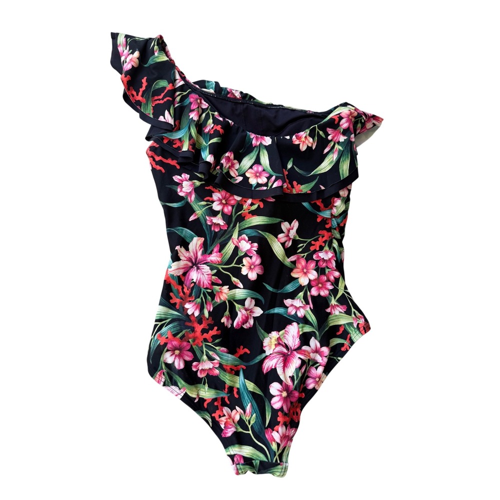 Carmen Marc Valvo One Shoulder Ruffle Tropical Floral One Piece Swimsuit Size 10